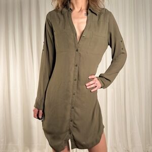 Express Olive Green Shirt Dress Small Utility Button Up Mini Dress